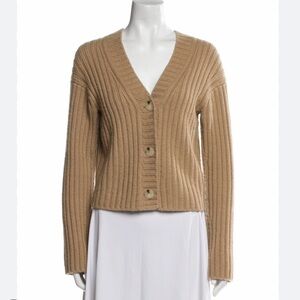 Vince Ribbed Wool V-Neck Sweater - camel